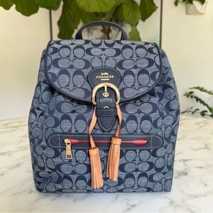 NWT COACH Kleo Backpack In Signature Chambray C8162 Blue Denim Tan Leather Bag